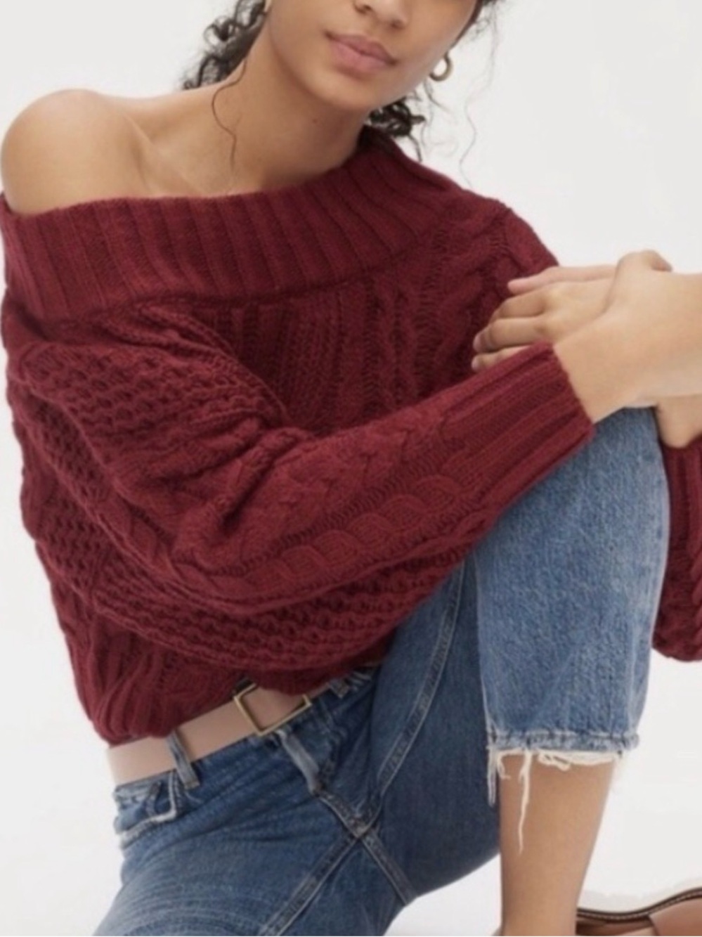 Anthropologie Berry Burgundy funky off shoulder cable knit sweater, Small